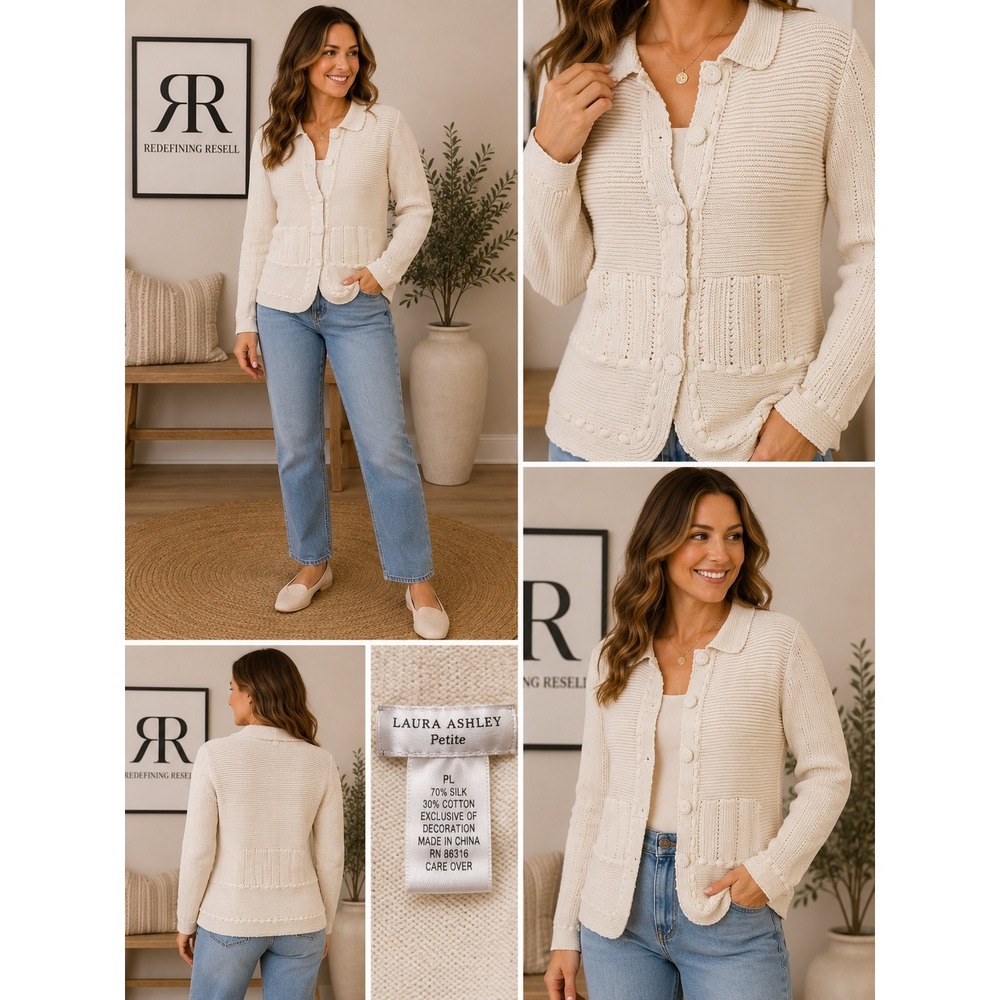 Laura Ashley Petite Silk Cotton Cardigan Sweater Cream Textured Knit PL